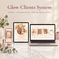 Glow Clients System Canva templates for beauty salons shown on phone, tablet and laptop: 30 Instagram posts, 15 Instagram Stories and salon management system